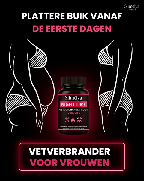 A high-contrast comparison graphic showing a silhouette of a body before and after using a nightly supplement to achieve a flatter stomach.